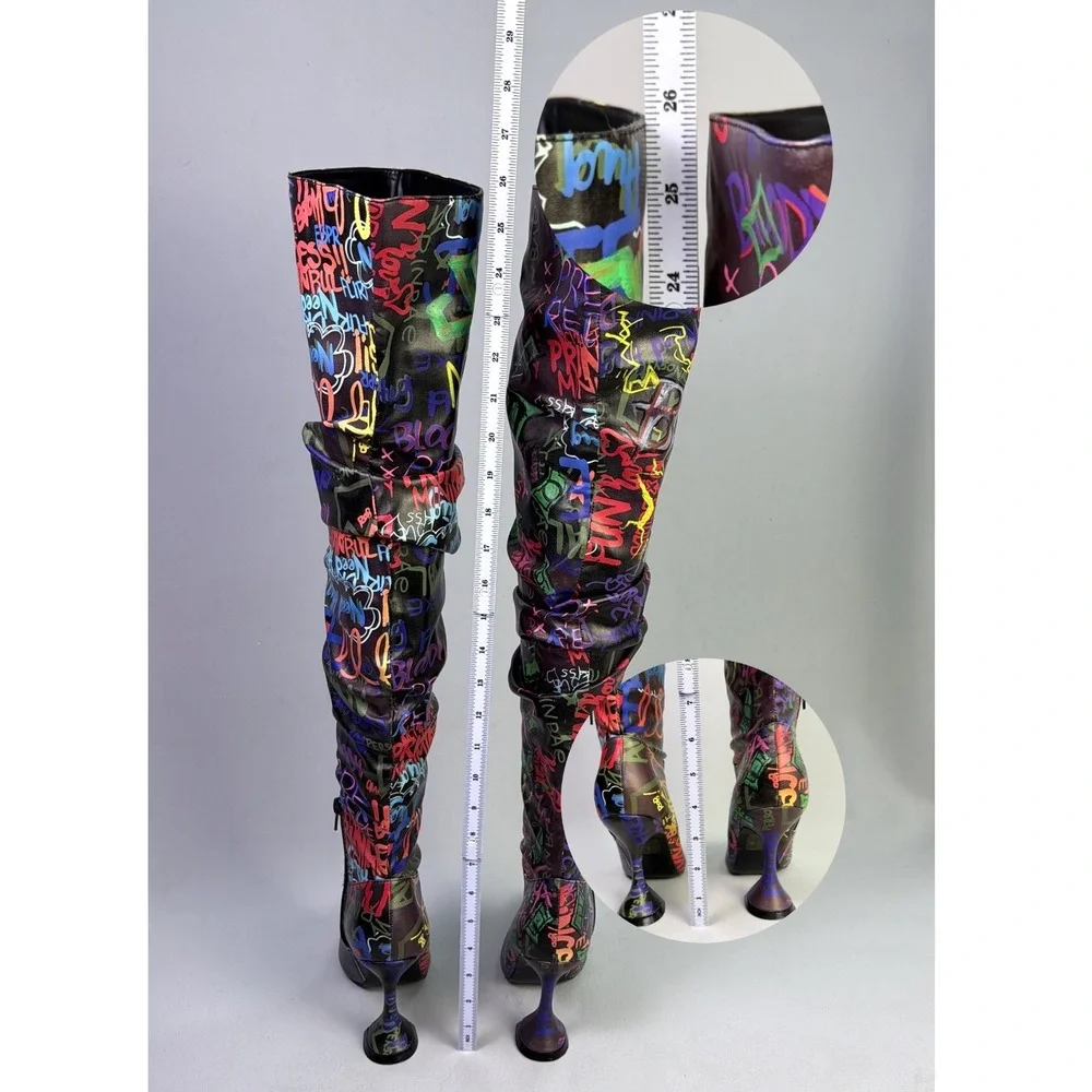 Revive Graf Multicolor Graffiti Print Over The Knee Flared Heel Boots woman  6.5